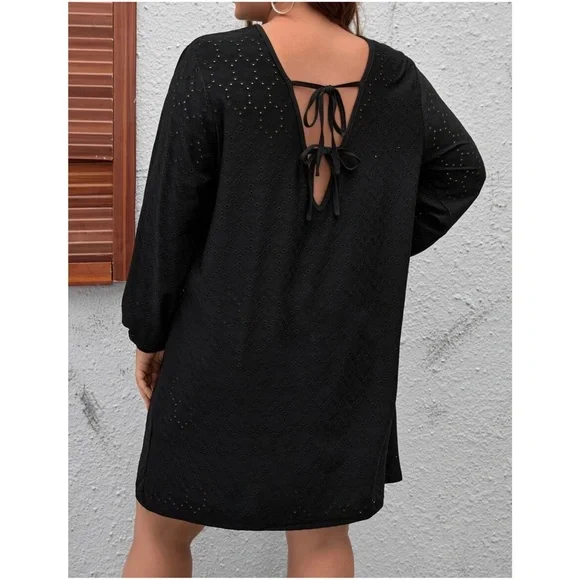 Boho Black Eyelet Tie Back Dress - Picture 2 of 5